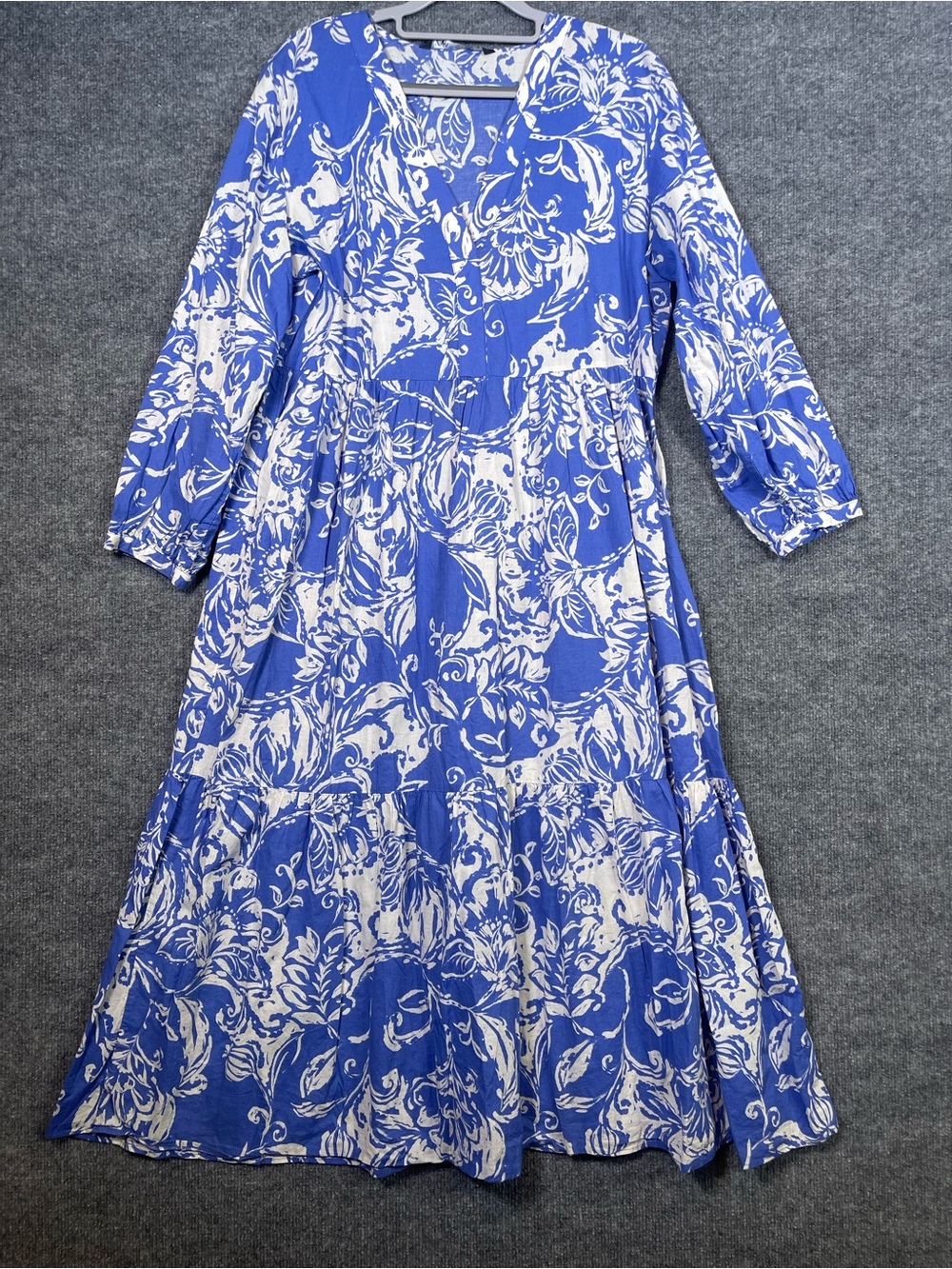 Zara Womens Large Blue‎ White Floral Tiered Cotton Midi Dress Boho Resort Vaca